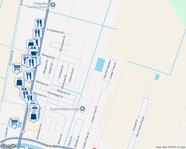 map of restaurants, bars, coffee shops, grocery stores, and more near 311 Rue De Cypress in Thibodaux