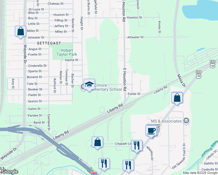 map of restaurants, bars, coffee shops, grocery stores, and more near 8310 Tate Street in Houston