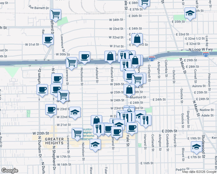 map of restaurants, bars, coffee shops, grocery stores, and more near 2515 Rutland Street in Houston