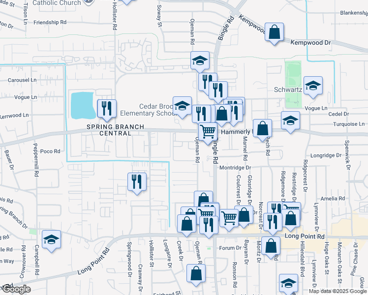 map of restaurants, bars, coffee shops, grocery stores, and more near 8701 Hammerly Boulevard in Houston