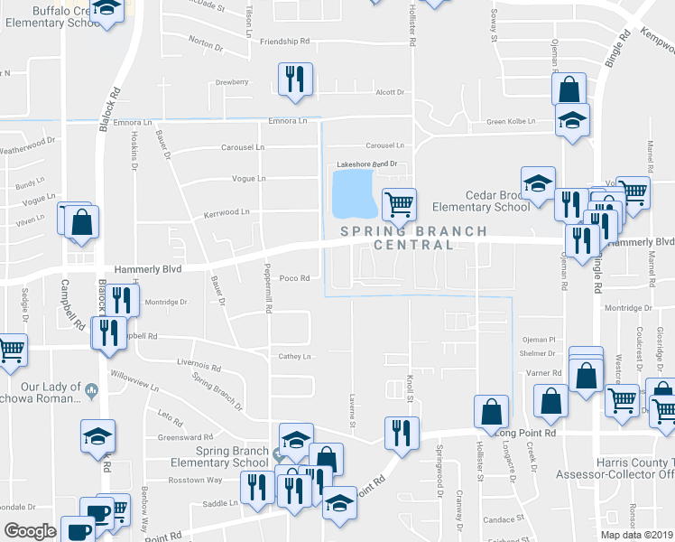 map of restaurants, bars, coffee shops, grocery stores, and more near 2028 Laverne Street in Houston