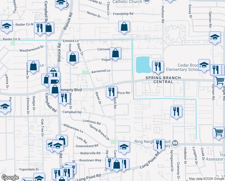 map of restaurants, bars, coffee shops, grocery stores, and more near 2031 Peppermill Road in Houston