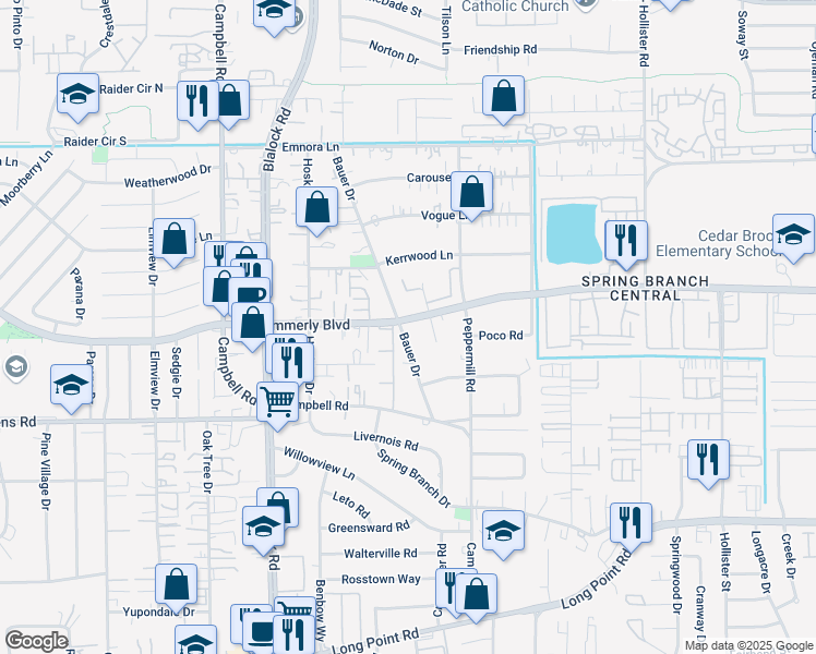map of restaurants, bars, coffee shops, grocery stores, and more near 9225 Hammerly Boulevard in Houston