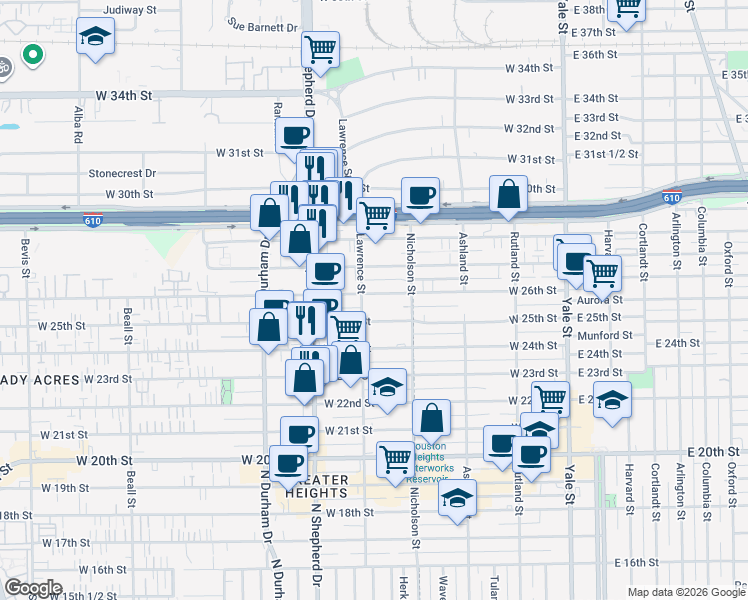 map of restaurants, bars, coffee shops, grocery stores, and more near 540 West 26th Street in Houston