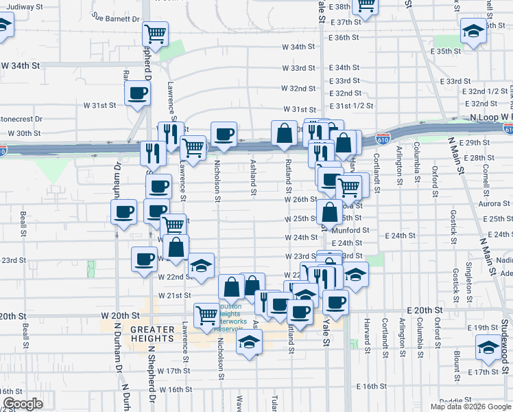 map of restaurants, bars, coffee shops, grocery stores, and more near 340 West 26th Street in Houston