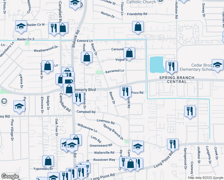 map of restaurants, bars, coffee shops, grocery stores, and more near 9225 Hammerly Boulevard in Houston