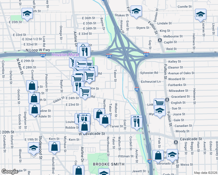 map of restaurants, bars, coffee shops, grocery stores, and more near 1725 Tabor Street in Houston