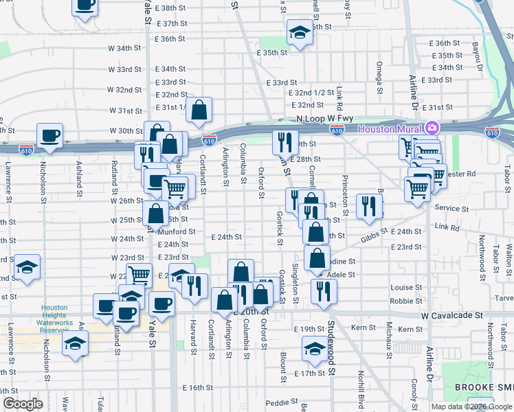 map of restaurants, bars, coffee shops, grocery stores, and more near 512 Aurora Street in Houston