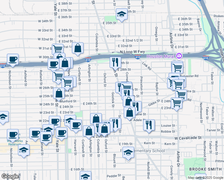 map of restaurants, bars, coffee shops, grocery stores, and more near 654 Aurora Street in Houston