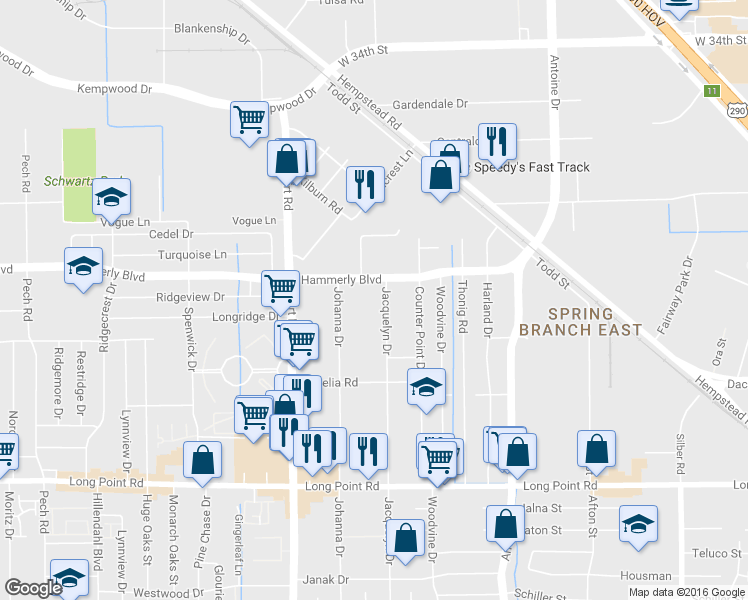 map of restaurants, bars, coffee shops, grocery stores, and more near 2059 Jacquelyn Drive in Houston