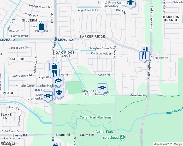 map of restaurants, bars, coffee shops, grocery stores, and more near 18826-18864 Ashley Road in Houston