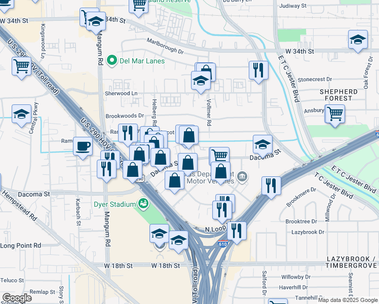 map of restaurants, bars, coffee shops, grocery stores, and more near 4398 Dacoma Street in Houston