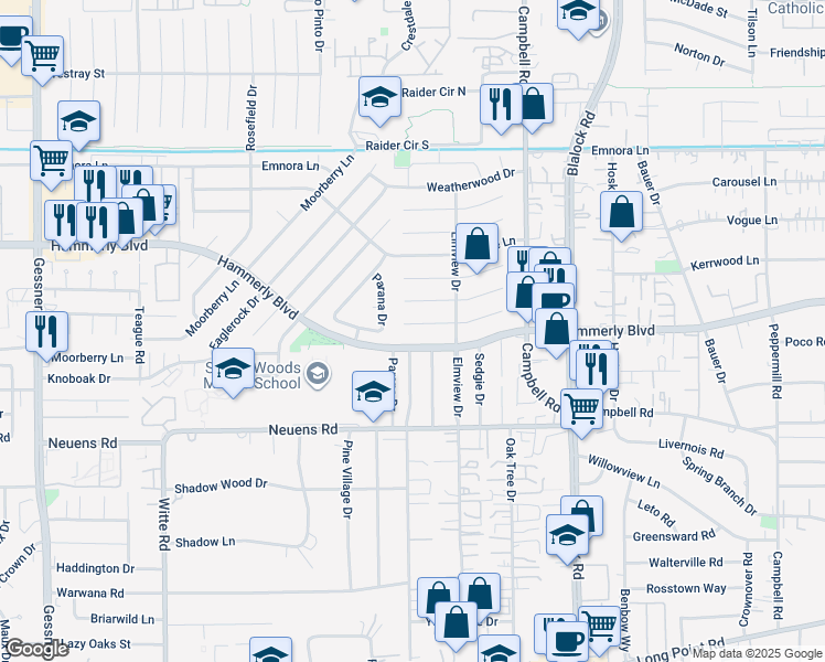 map of restaurants, bars, coffee shops, grocery stores, and more near 9626 Hammerly Boulevard in Houston