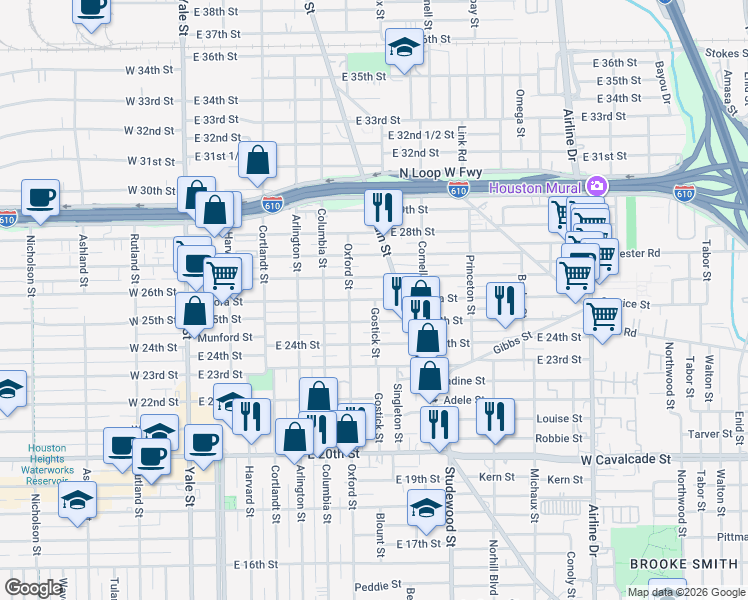 map of restaurants, bars, coffee shops, grocery stores, and more near 651 Aurora Street in Houston
