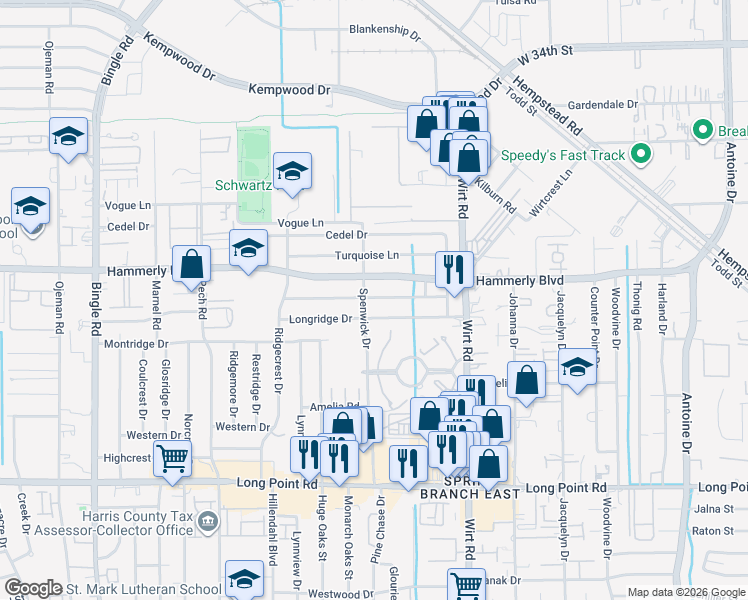 map of restaurants, bars, coffee shops, grocery stores, and more near 7946 Longridge Drive in Houston