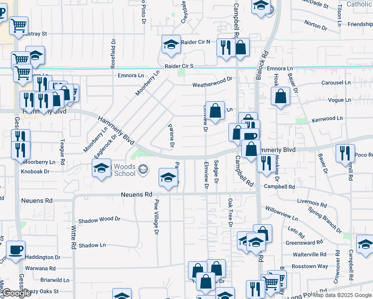 map of restaurants, bars, coffee shops, grocery stores, and more near 9626 Hammerly Boulevard in Houston