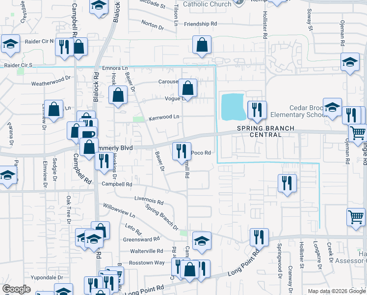 map of restaurants, bars, coffee shops, grocery stores, and more near 2033 Peppermill Road in Houston
