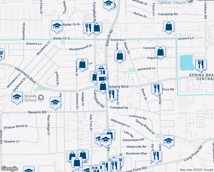 map of restaurants, bars, coffee shops, grocery stores, and more near Hammerly Boulevard in Houston
