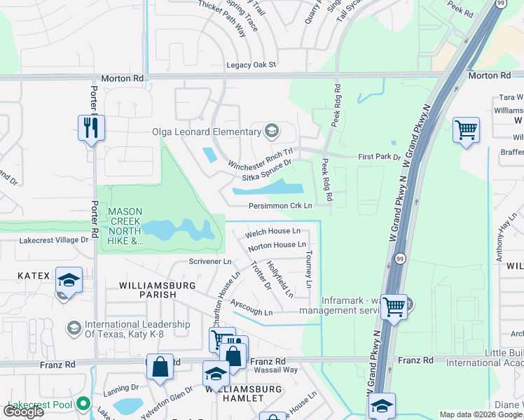 map of restaurants, bars, coffee shops, grocery stores, and more near 23814 Welch House Lane in Katy