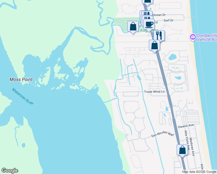 map of restaurants, bars, coffee shops, grocery stores, and more near 430 Trade Wind Lane in St. Augustine