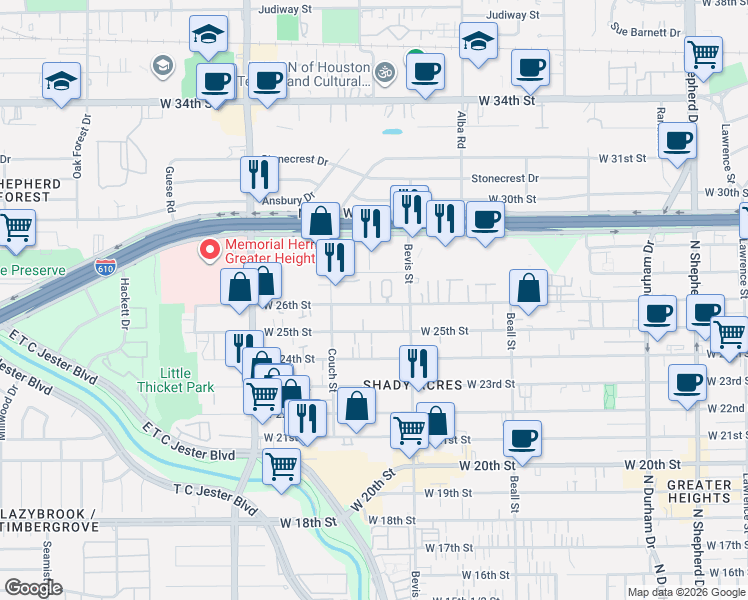 map of restaurants, bars, coffee shops, grocery stores, and more near 1318 West 26th Street in Houston