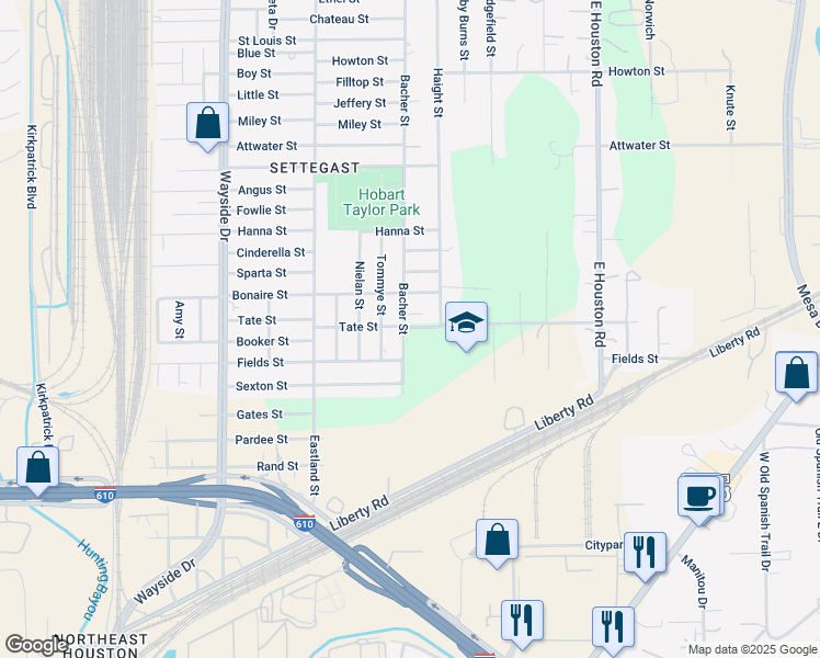 map of restaurants, bars, coffee shops, grocery stores, and more near 5313 Bacher Street in Houston