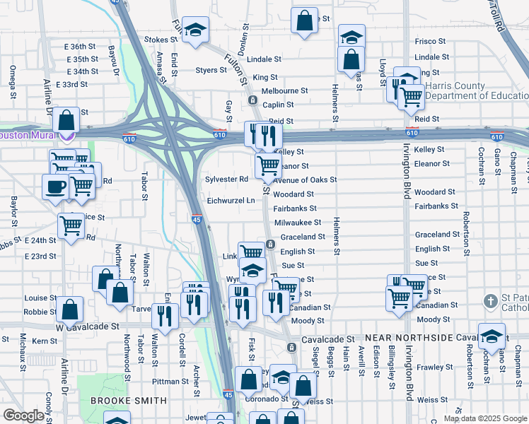 map of restaurants, bars, coffee shops, grocery stores, and more near 102 Robert Lee Road in Houston