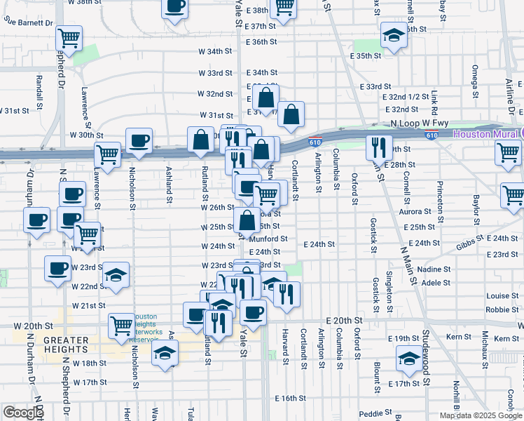 map of restaurants, bars, coffee shops, grocery stores, and more near 106 Aurora Street in Houston