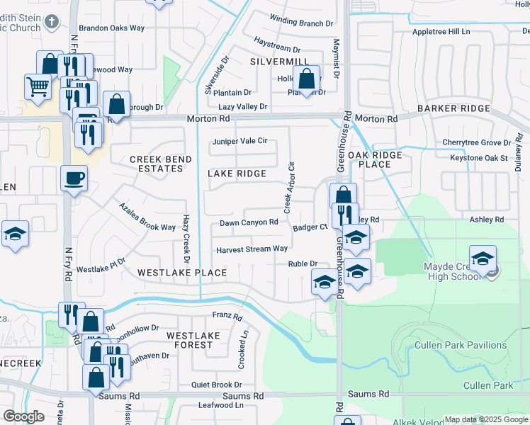 map of restaurants, bars, coffee shops, grocery stores, and more near 19418 Dawn Canyon Road in Houston