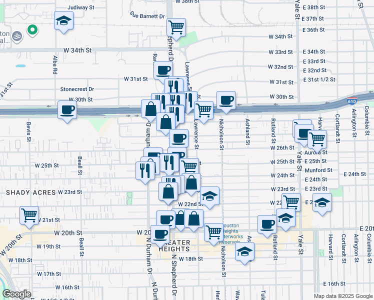 map of restaurants, bars, coffee shops, grocery stores, and more near 618 West 26th Street in Houston