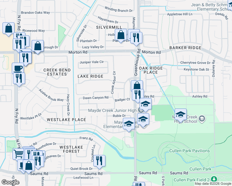 map of restaurants, bars, coffee shops, grocery stores, and more near 2710 Yestereve Court in Houston