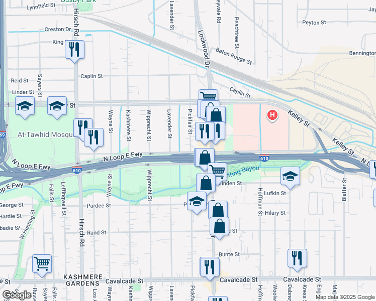 map of restaurants, bars, coffee shops, grocery stores, and more near 5501 Pickfair Street in Houston
