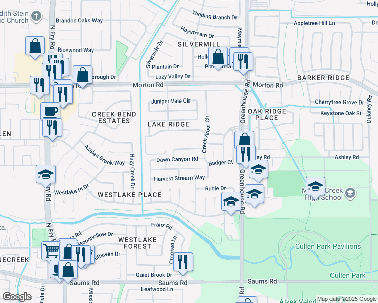 map of restaurants, bars, coffee shops, grocery stores, and more near 19418 Dawn Canyon Road in Houston