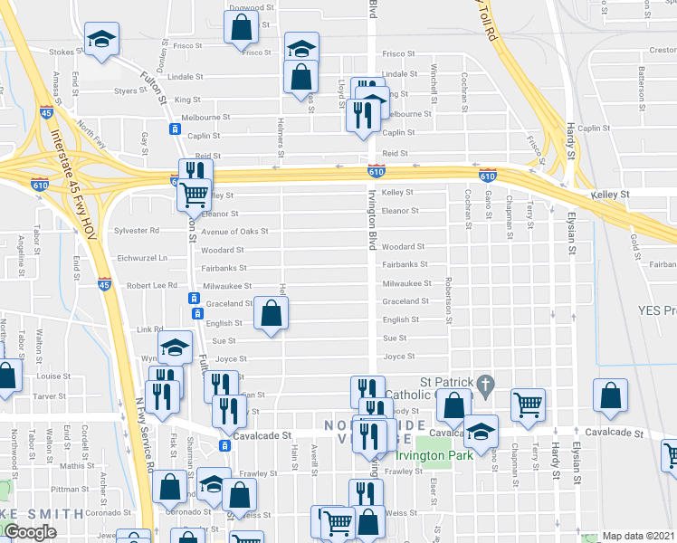 map of restaurants, bars, coffee shops, grocery stores, and more near 622 Fairbanks Street in Houston