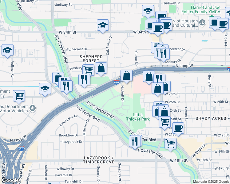 map of restaurants, bars, coffee shops, grocery stores, and more near 2600 Pinegate in Houston