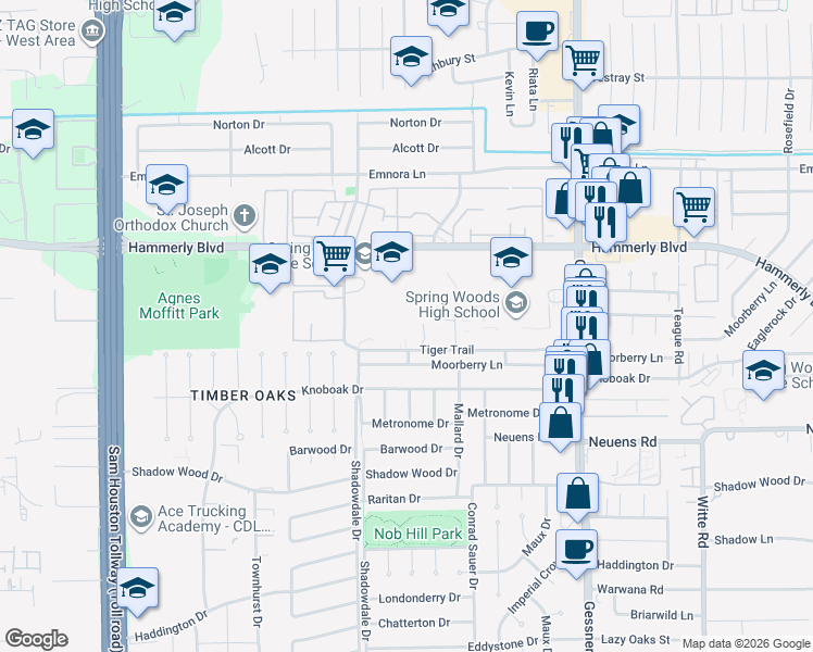 map of restaurants, bars, coffee shops, grocery stores, and more near 10406 Tiger Trail in Houston