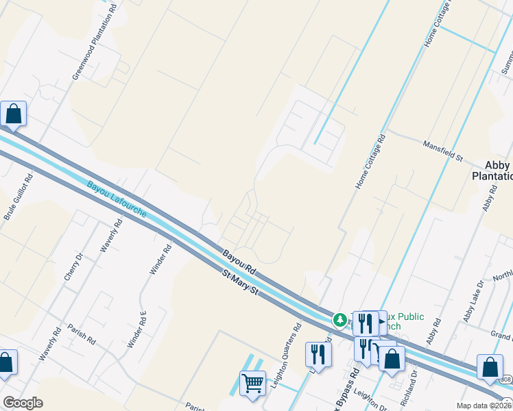 map of restaurants, bars, coffee shops, grocery stores, and more near 1818 North Hidalgo Lane in Thibodaux