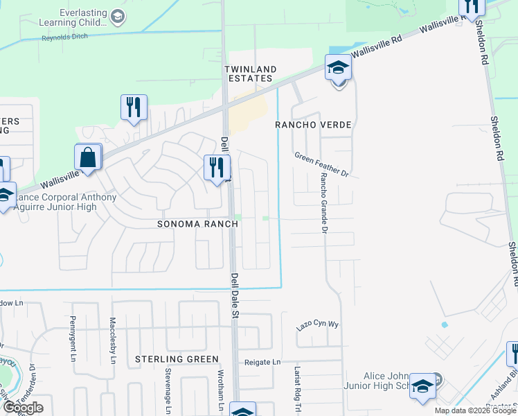 map of restaurants, bars, coffee shops, grocery stores, and more near 1842 Rock Ridge Drive in Houston