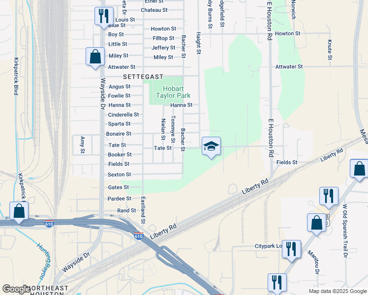 map of restaurants, bars, coffee shops, grocery stores, and more near 5313 Bacher Street in Houston
