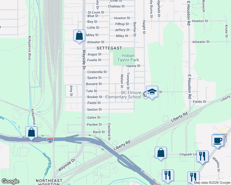 map of restaurants, bars, coffee shops, grocery stores, and more near 5310 Kelford Street in Houston