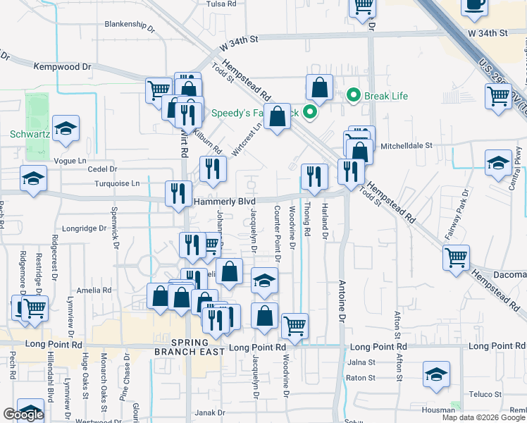 map of restaurants, bars, coffee shops, grocery stores, and more near 2059 Jacquelyn Drive in Houston