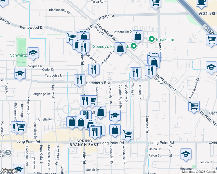 map of restaurants, bars, coffee shops, grocery stores, and more near 2059 Jacquelyn Drive in Houston