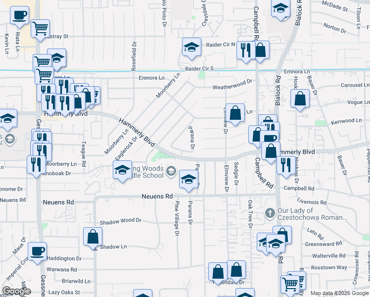 map of restaurants, bars, coffee shops, grocery stores, and more near 9711 Truscon Drive in Houston