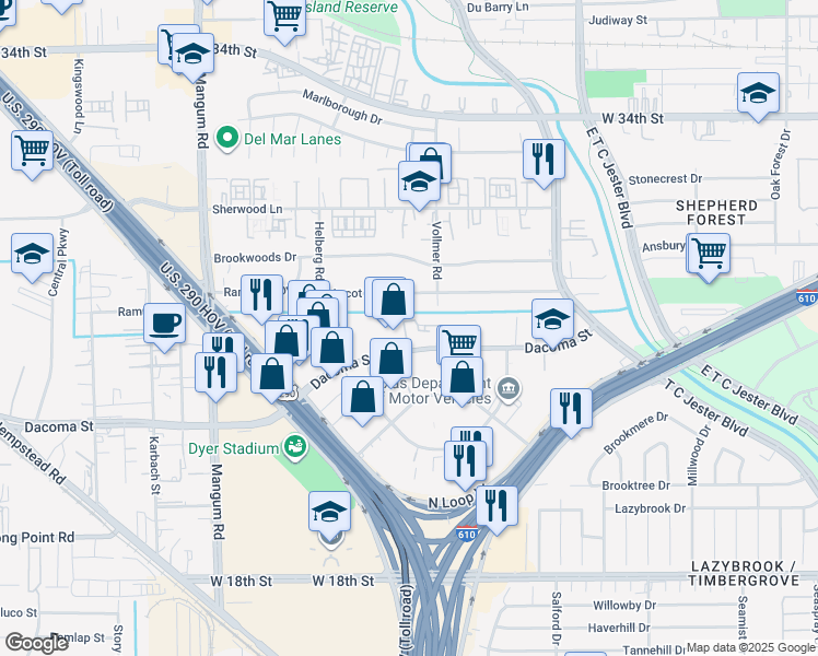 map of restaurants, bars, coffee shops, grocery stores, and more near 3900 Dacoma Street in Houston