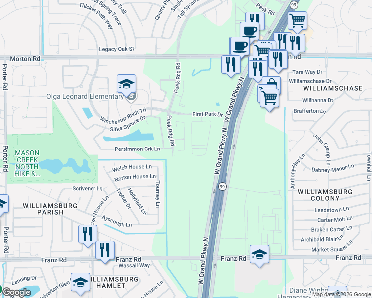 map of restaurants, bars, coffee shops, grocery stores, and more near 2438 Tourney Lane in Katy