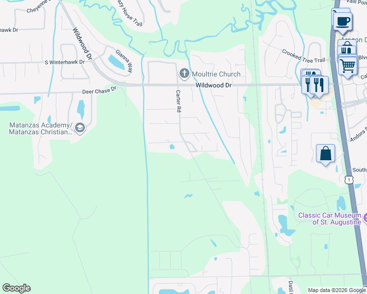 map of restaurants, bars, coffee shops, grocery stores, and more near 4457 Carter Road in St. Augustine