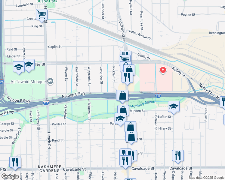 map of restaurants, bars, coffee shops, grocery stores, and more near 5501 Pickfair Street in Houston