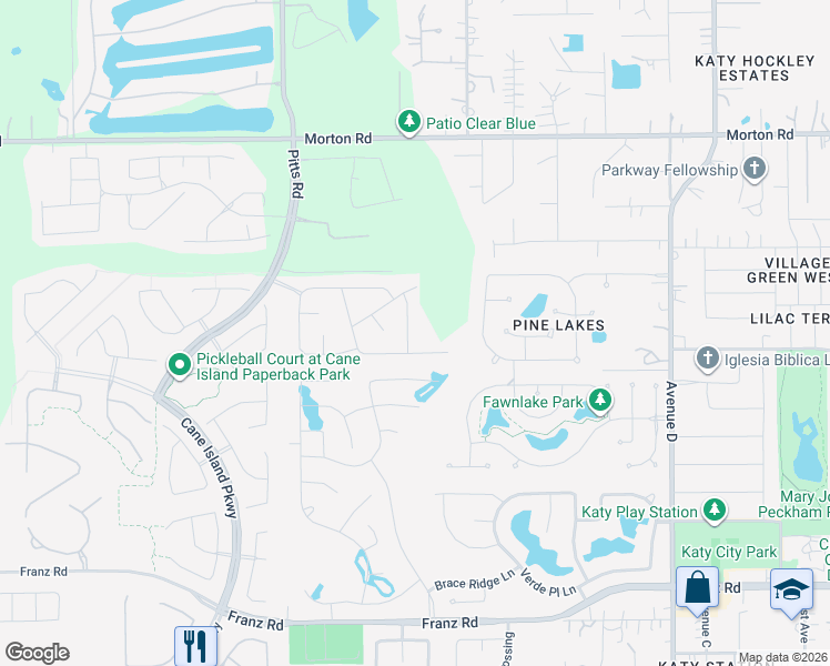 map of restaurants, bars, coffee shops, grocery stores, and more near 6511 Crystal Forest Trail in Katy