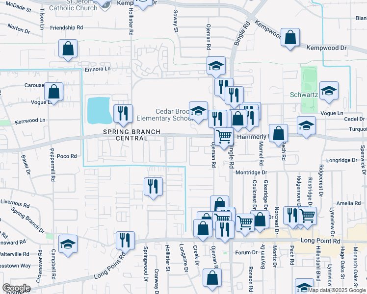 map of restaurants, bars, coffee shops, grocery stores, and more near 8787 Hammerly Boulevard in Houston