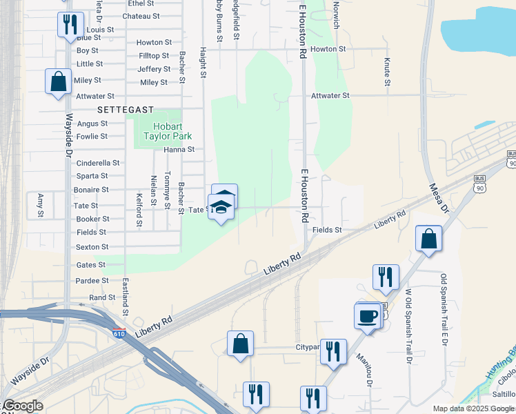 map of restaurants, bars, coffee shops, grocery stores, and more near 8310 Tate Street in Houston